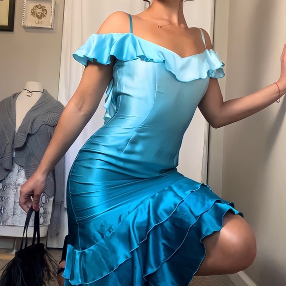 Liz Elana Ruffled Blue Silk 90's Cocktail Dress - Picture 3 of 4